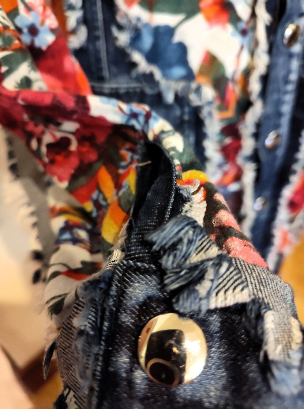 ADORE Distressed Denim Floral Duster Jacket Dress Artsy Boho Western Large EUC - Picture 3 of 6